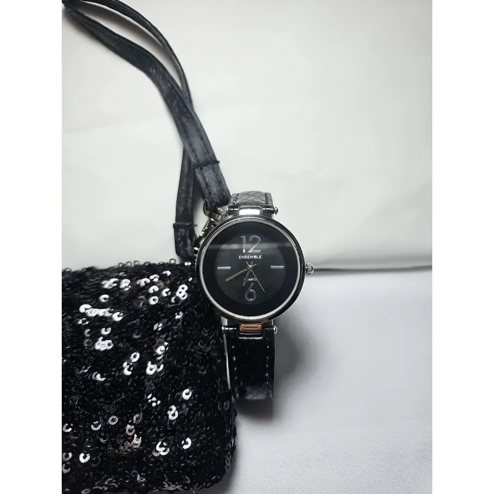 Ensemble Womens Watch & Small Purse Set Quartz Watch Black Leather Sequin Purse